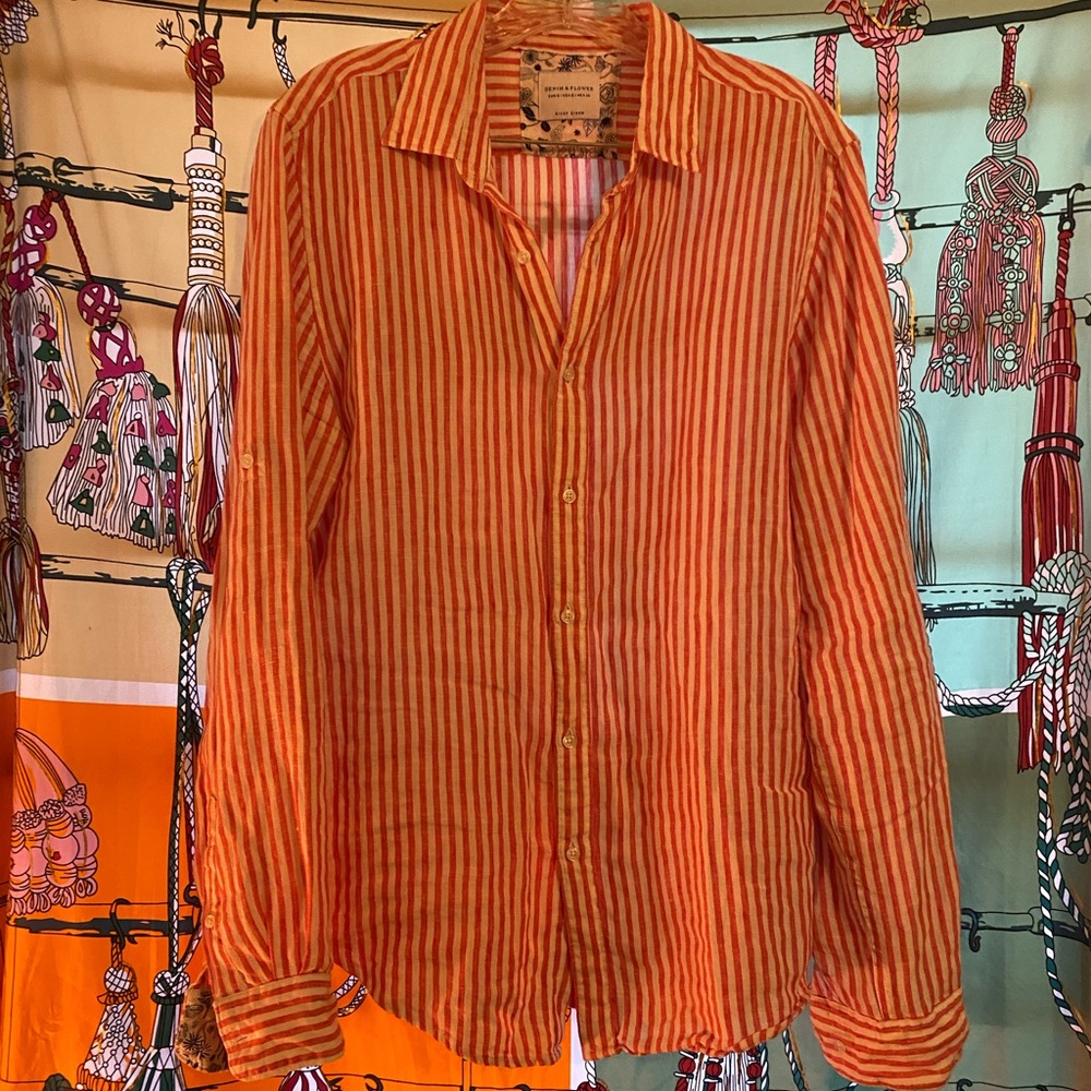 Denim & Flower Red and White Striped Casual 100% Linen Button-Down Shirt